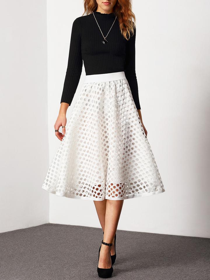 Romwe White High Waist Eyelet Skirt