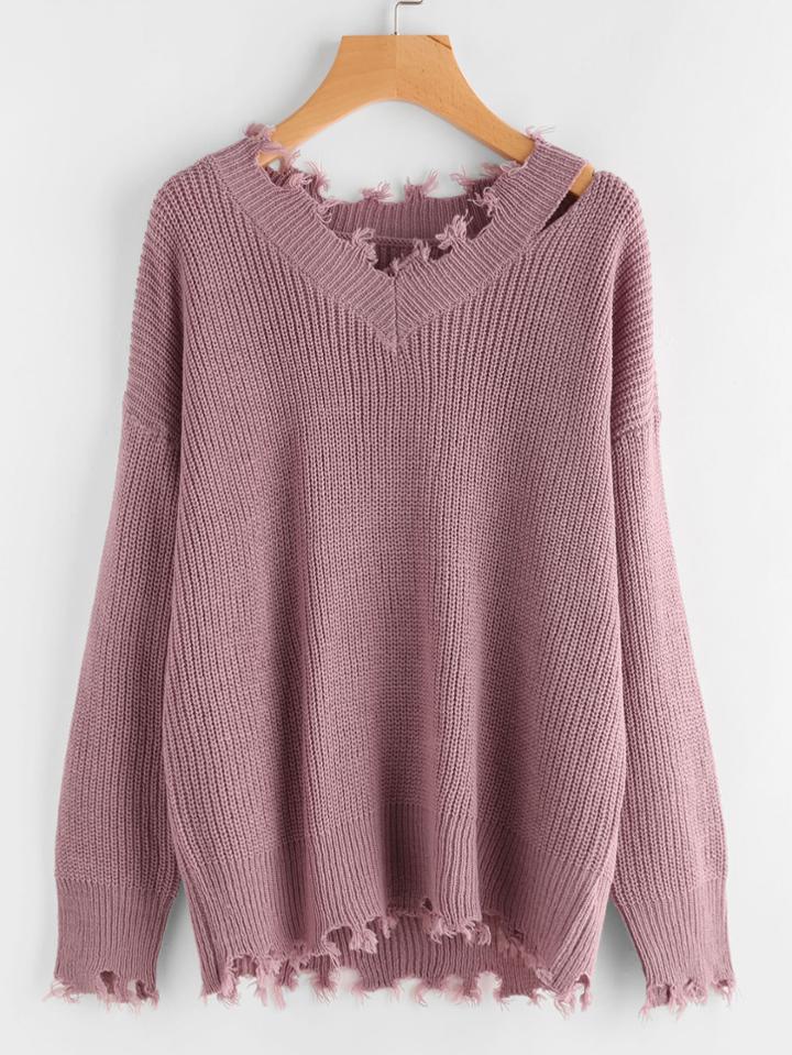 Romwe Cutout Neck Raw Distressed Jumper