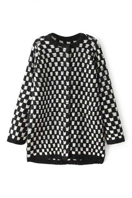 Romwe Check Knitted Black Cardigan