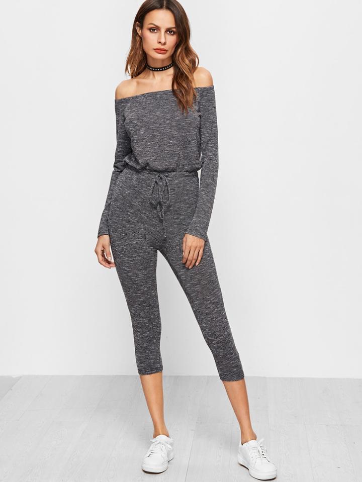 Romwe Marled Knit Bardot Drawstring Waist Skinny Jumpsuit