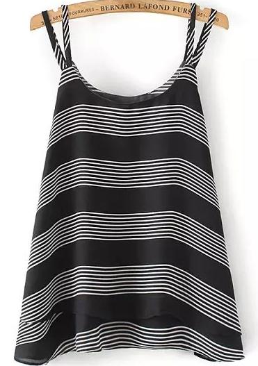 Romwe Spaghetti Strap Striped Chiffon Black Cami Top