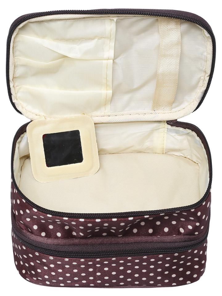 Romwe Coffee Polka Dot Double Layers Cosmetic Bag