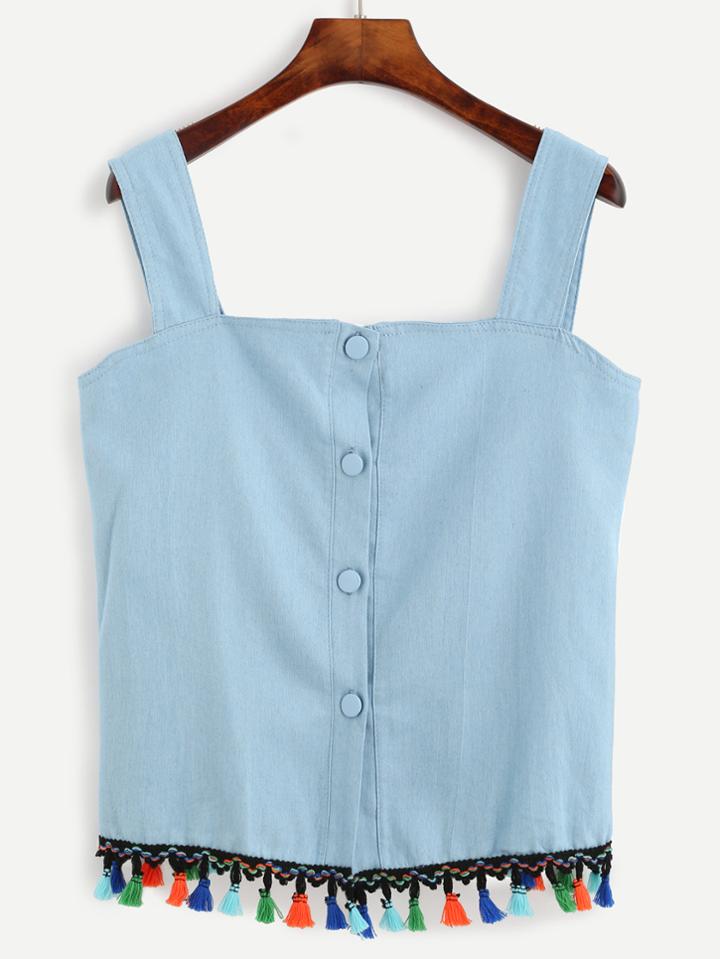 Romwe Blue Wide Strap Button Front Tassel Trim Denim Top