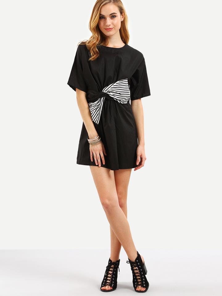 Romwe Black Short Sleeve Bow Dress