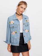 Romwe Flower Embroidered Faux Pearl Detail Denim Jacket
