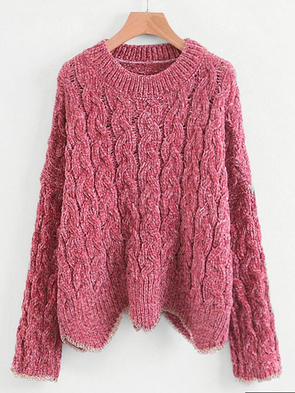 Romwe Cable Knit Zigzag Hem Chenille Sweater