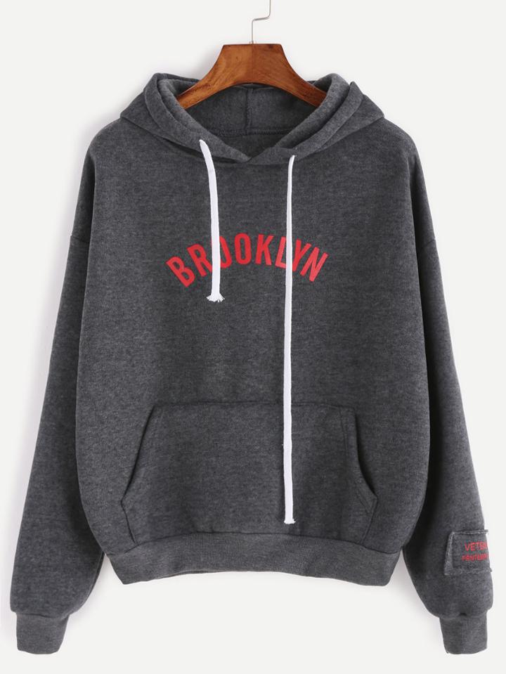 Romwe Deep Grey Letter Print Drop Shoulder Drawstring Pocket Hoodie