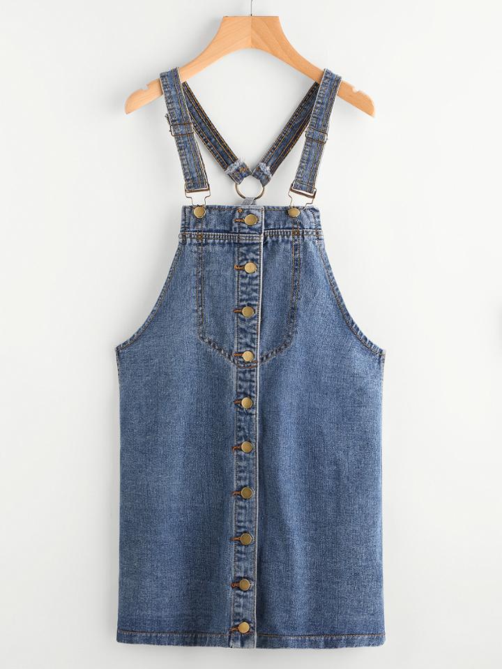 Romwe Single Breasted Pocket Panel Denim Pinafore Dress