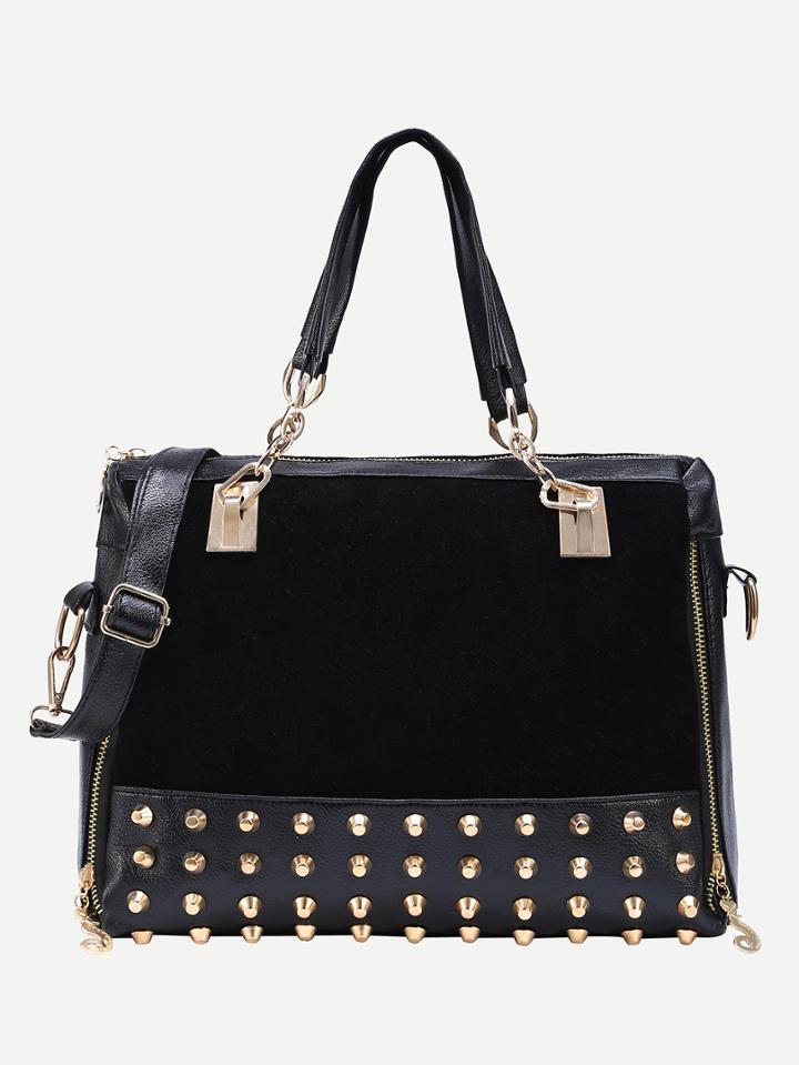 Romwe Black Zipper Velvet Insert Studded Bag