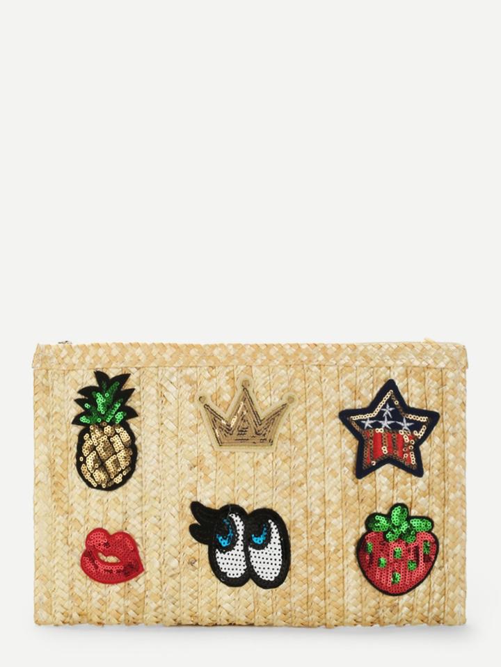 Romwe Patch Detail Straw Clutch Bag