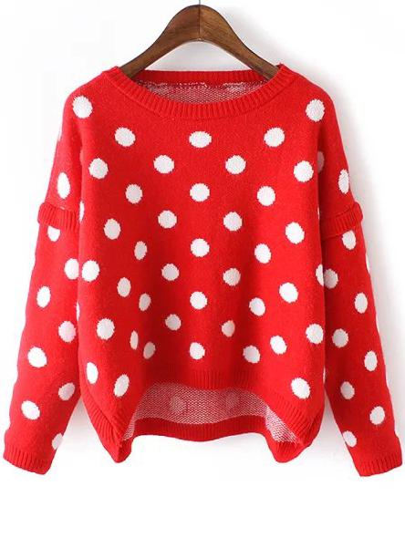 Romwe High Low Polka Dot Red Sweater