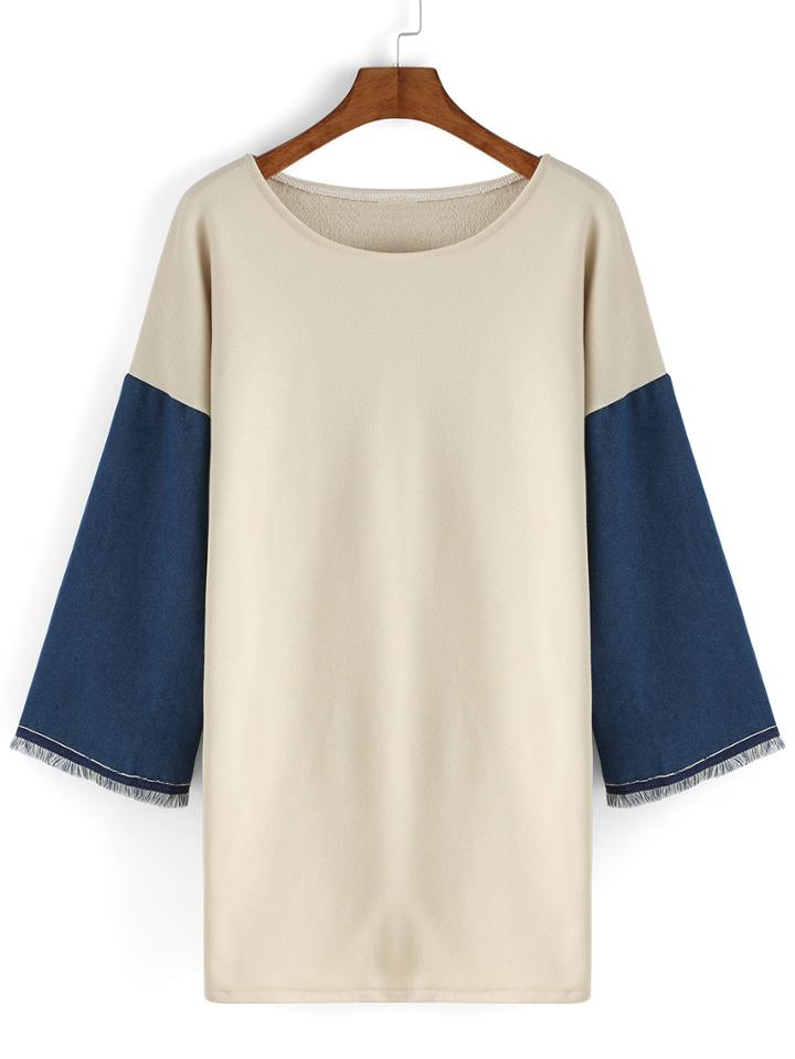 Romwe Contrast Denim Long Sweatshirt