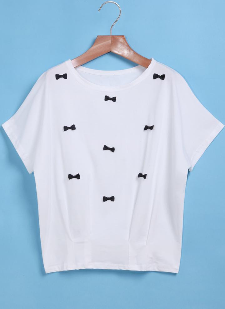 Romwe Bow Print Loose T-shirt