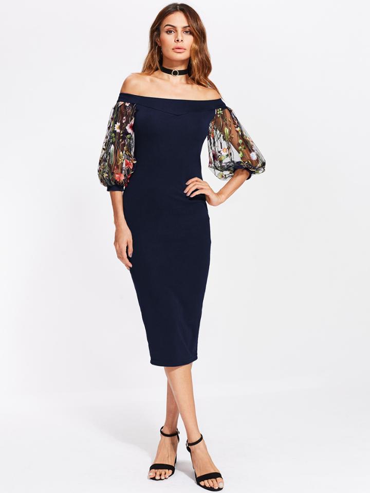 Romwe Bardot Dress With Embroidered Mesh Puff Sleeve