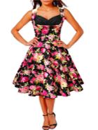 Romwe Black Flower Print Fit And Flare Dress