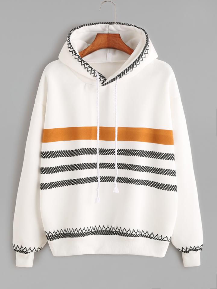 Romwe White Geo Print Trim Drop Shoulder Drawstring Hoodie