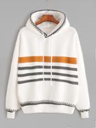 Romwe White Geo Print Trim Drop Shoulder Drawstring Hoodie