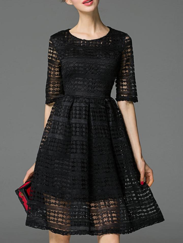Romwe Black Crew Neck A-line Lace Dress