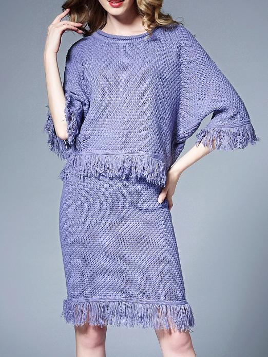 Romwe Purple Tassel Knit Top With Skirt