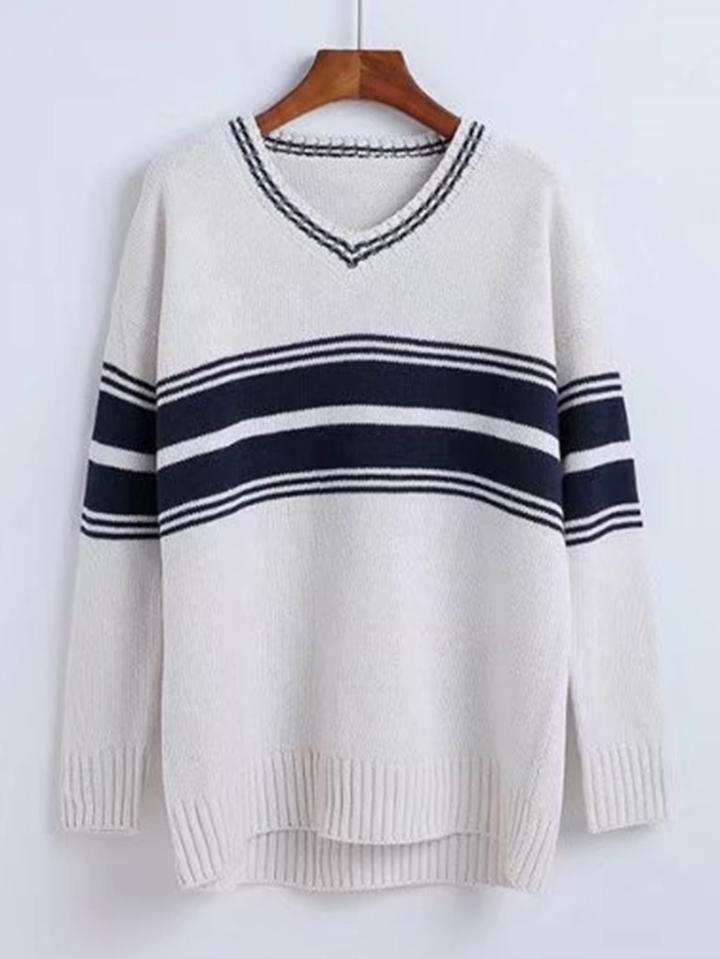Romwe Ribbed Trim Striped Knitwear