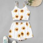 Romwe Sunflower Print Cami Top With Shorts