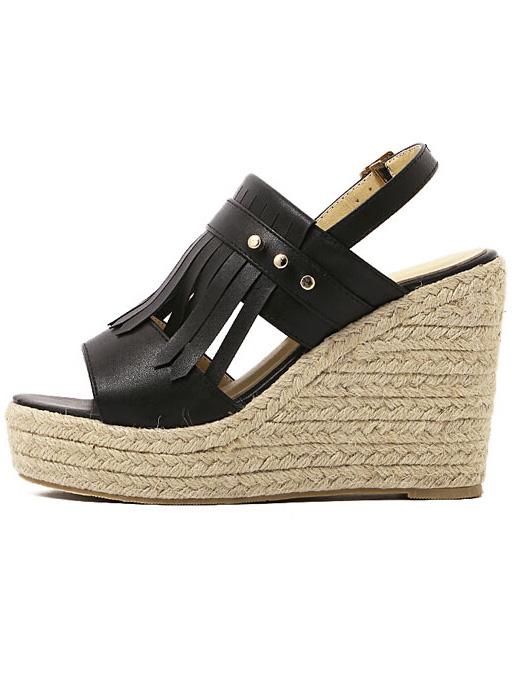Romwe Black Pu Tassel Espadrille Wedges Sandals
