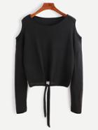 Romwe Black Open Shoulder Tie Front T-shirt