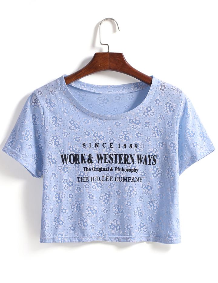 Romwe Floral Polka Dot Letters Print Crop Blue T-shirt