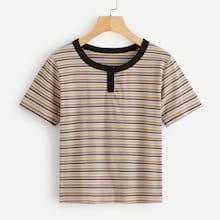 Romwe Button Striped Ribbed Tee