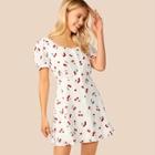 Romwe Button Front Puff Sleeve Flare Cherry Dress
