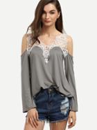 Romwe Grey Crochet Lace Trimmed Open Shoulder Long Sleeve Top