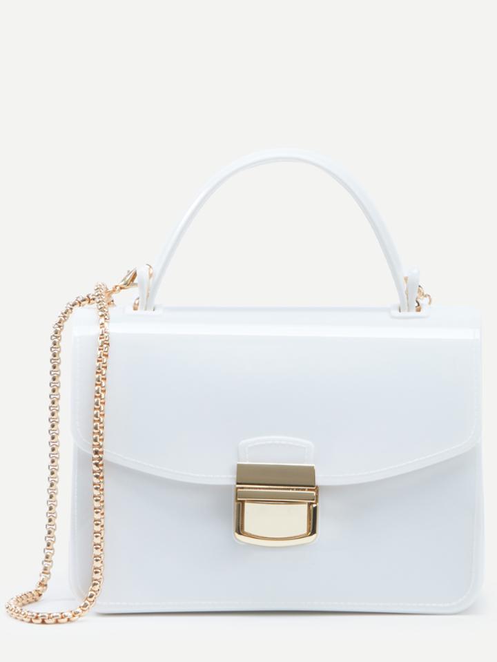 Romwe White Pushlock Closure Plastic Handbag With Chain