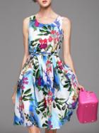 Romwe Multicolor Tank Neck Tie-waist Floral Dress