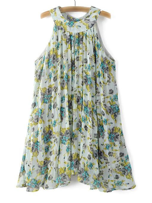 Romwe Multicolor Halter Printed Asymmetric Hem Pleated Dress