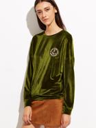 Romwe Green Drop Shoulder Velvet Sweatshirt With Embroidered Patch