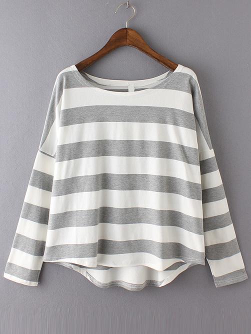 Romwe High Low Striped Grey T-shirt