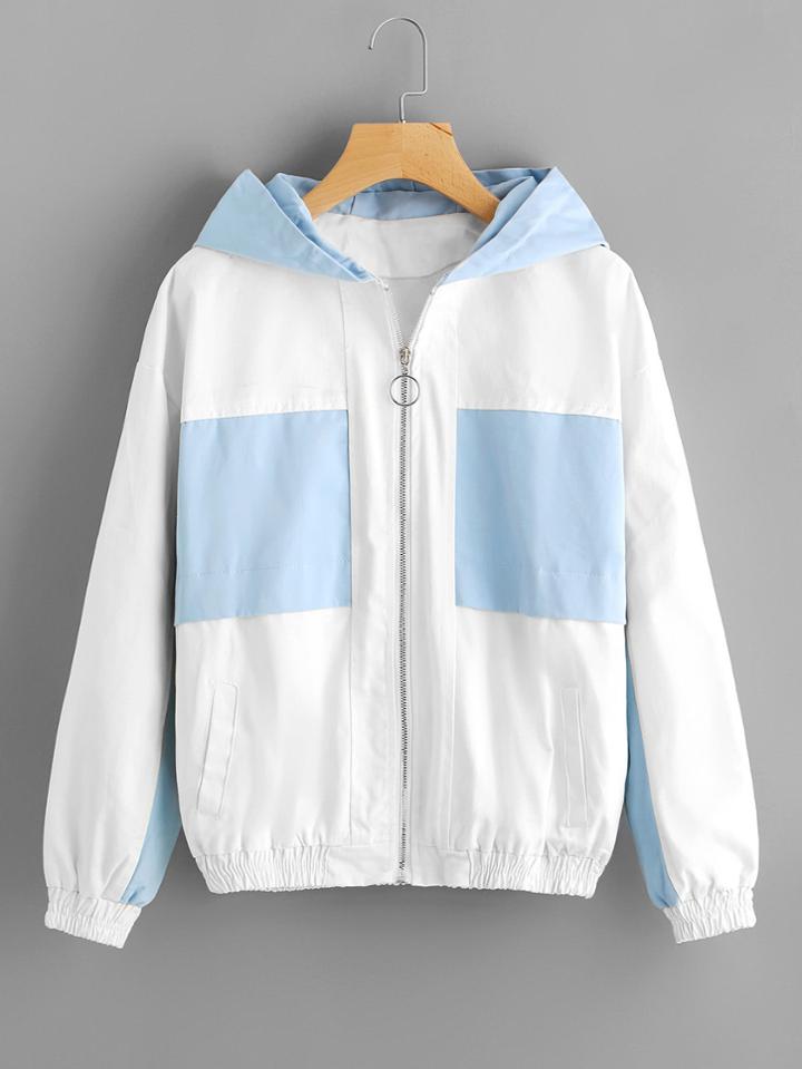 Romwe Slogan Embroidered Back Zip Up Hooded Jacket