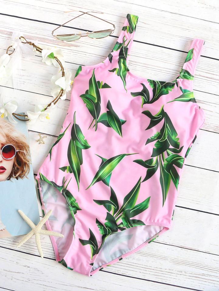 Romwe Pink Leaf Print One-piece Swimwear