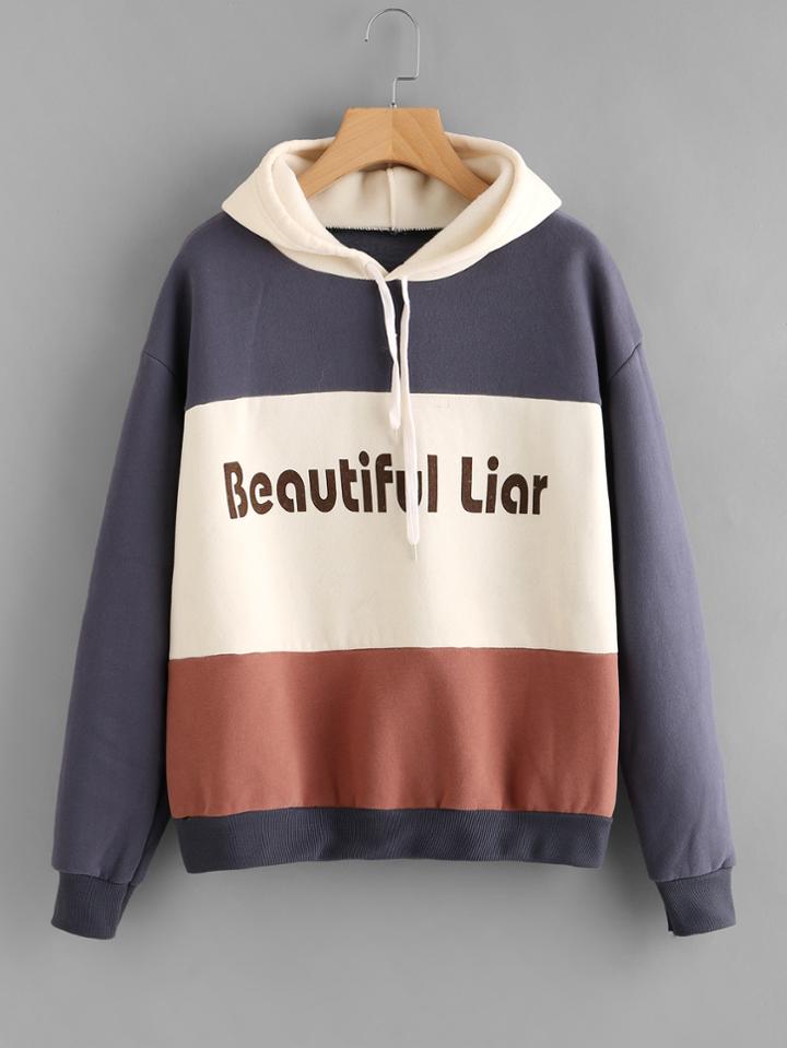 Romwe Letter Print Hoodie With Cut & Sew Panel