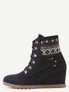 Romwe Black Faux Suede Lace Up Elastic Wedge Heel Ankle Boots