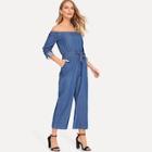 Romwe Off Shoulder Tab Sleeve Belted Denim Jumpsuit