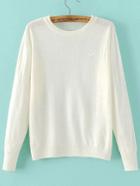 Romwe White Seagull Embroidered Ribbed Trim Knitwear