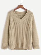 Romwe Light Khaki V Neck Raglan Sleeve Ribbed Knit Sweater