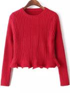 Romwe Round Neck Fungus Hem Red Sweater