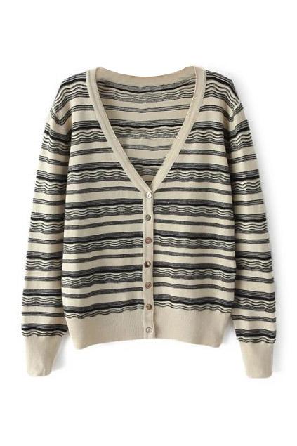 Romwe Striped V Neck Apricot Cardigan