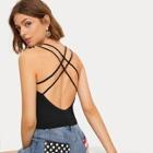 Romwe Criss Cross Backless Solid Cami Top