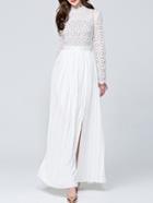 Romwe White Crochet Hollow Out Pleated Split Dress