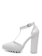 Romwe White Pointed Toe T-strap Chunky Pumps