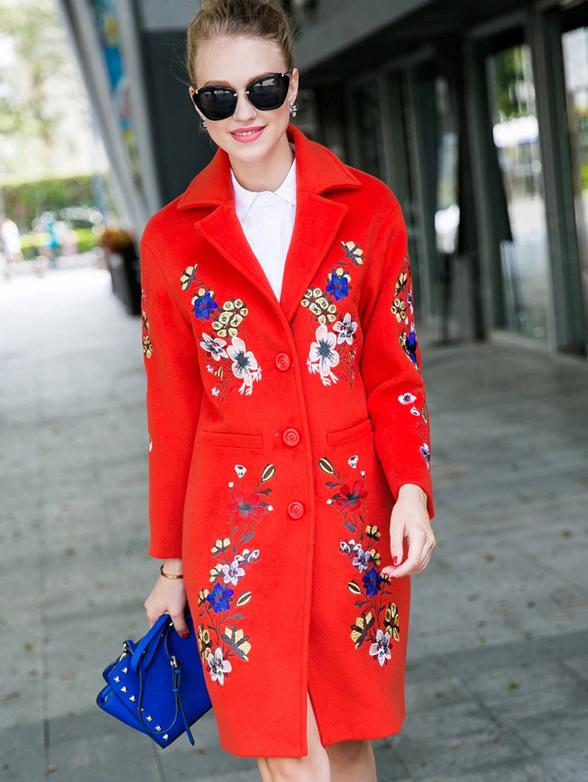 Romwe Red Lapel Long Sleeve Embroidered Coat
