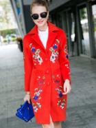 Romwe Red Lapel Long Sleeve Embroidered Coat